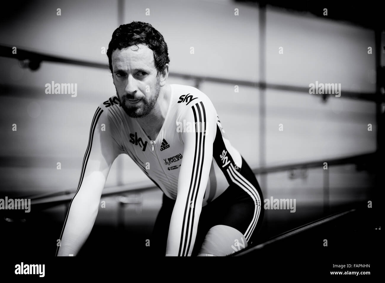Sir Bradley Wiggins is pictured during the Revolution Series at Derby Arena, Derby, United Kingdom on 16 August 2015 Stock Photo
