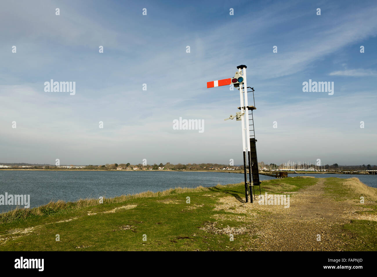 New railway signal along the disused Hayling Billy line. The signal was officially unveiled on the 17th October 2015. Stock Photo