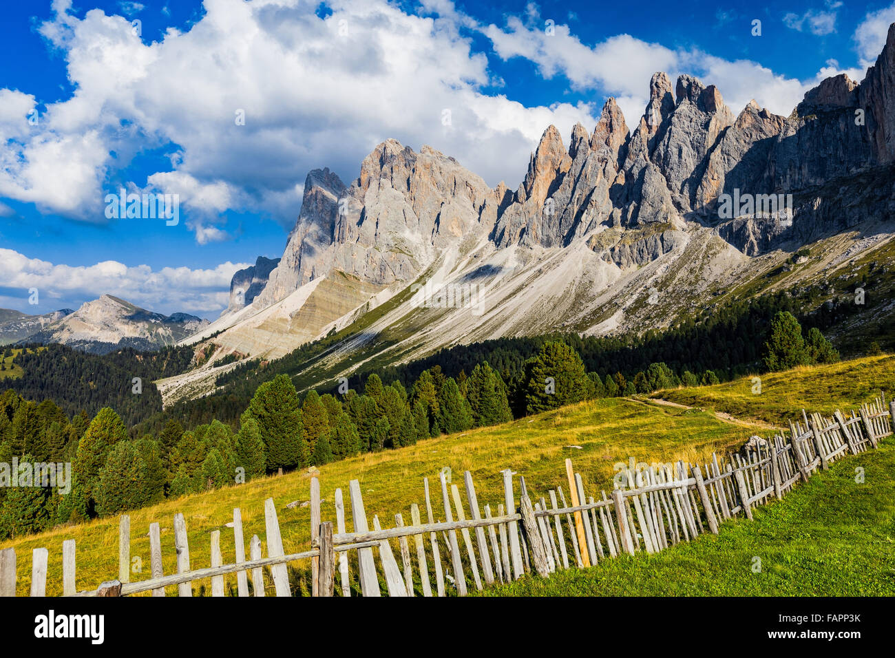 The Odle mountain group. Alpine grasslands, wooden fences. Val di Funes, The Gardena Dolomites, South Tyrol, Italian Alps. Europe. Stock Photo
