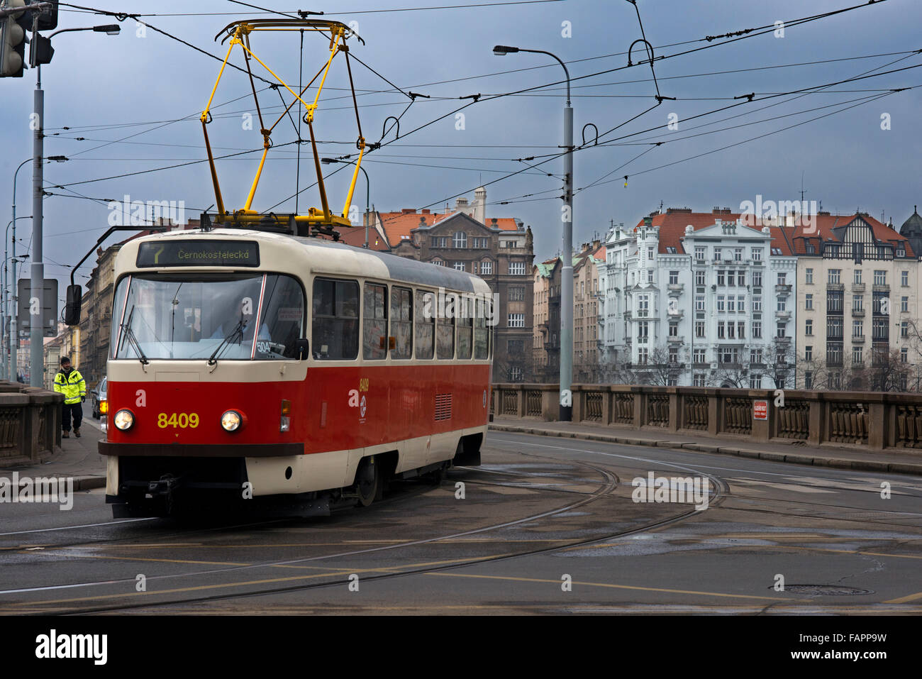 Trams in Prague . The Prague tram network is 135 kilometers and has 25 daytime lines and 9 at night. In combination with the met Stock Photo