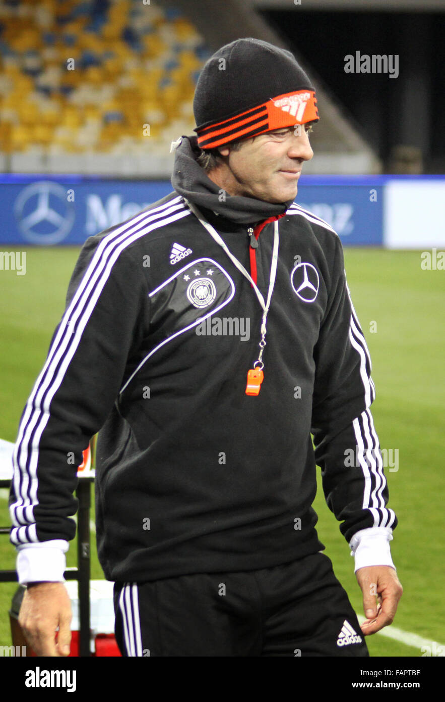 KYIV, UKRAINE - NOVEMBER 10, 2011: National coach Joachim Low of Germany smiles during training session before friendly game aga Stock Photo