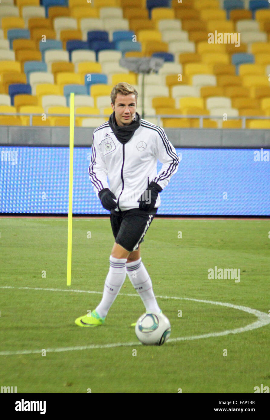 KYIV, UKRAINE - NOVEMBER 10, 2011: Mario Gotze of Germany controls a ball during training session before friendly game against Ukraine at NSK Olimpic stadium on November 10, 2011 in Kyiv, Ukraine Stock Photo