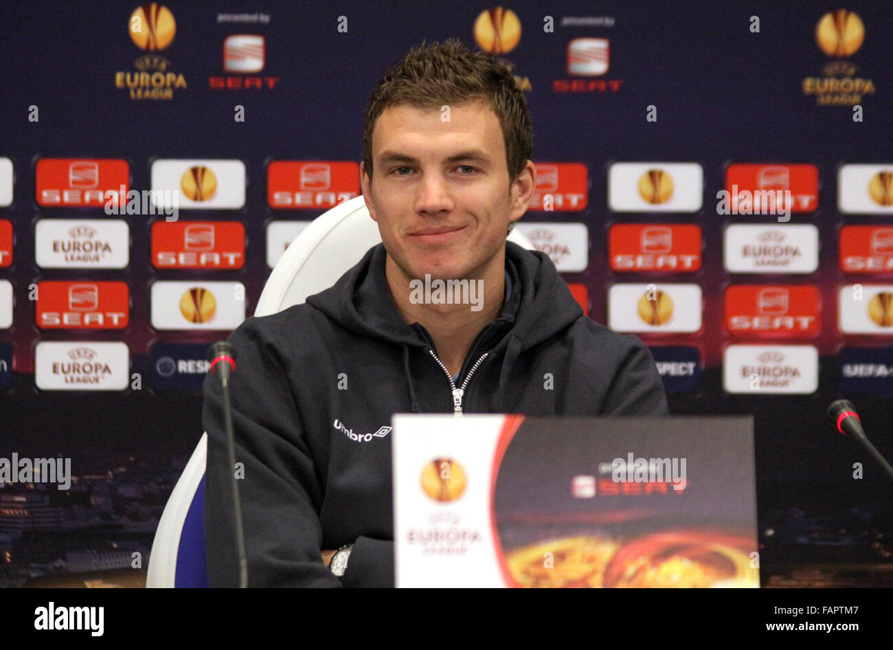 KYIV, UKRAINE - MARCH 9: FC Manchester City striker Edin Dzeko attends a press-conference before UEFA Europa League game against FC Dynamo Kyiv on March 9, 2011 in Kyiv, Ukraine Stock Photo