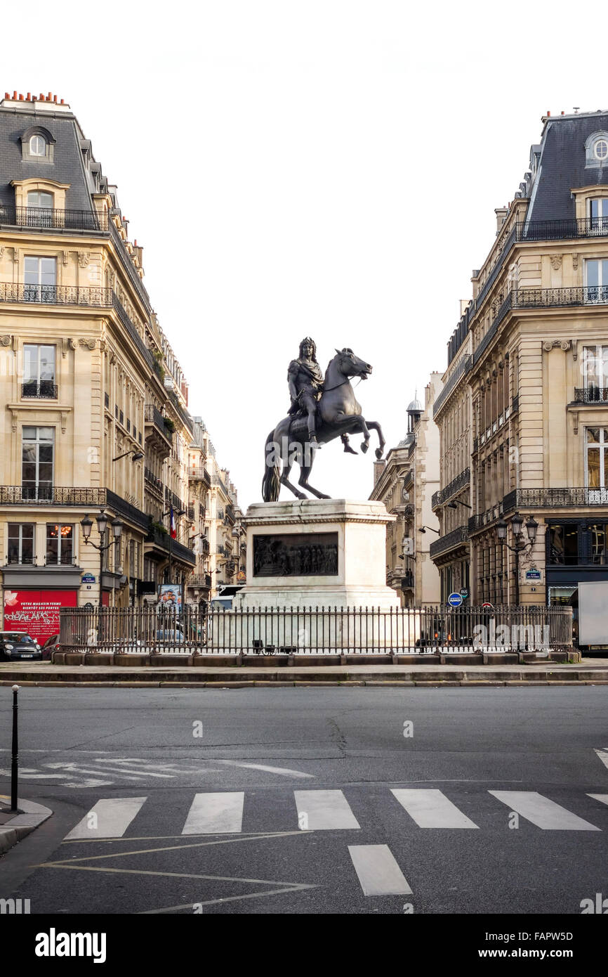 View of the Place des Victoires, Roman Equestrian Statue of king Louis XIV, Paris, France. Stock Photo