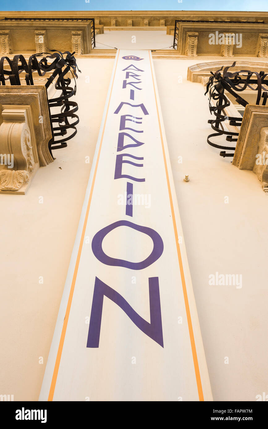 Archimedes museum sicily, view of a banner on the exterior of the Archimedes Museum - the Arkimedeion - in Ortygia Syracuse, Sicily. Stock Photo