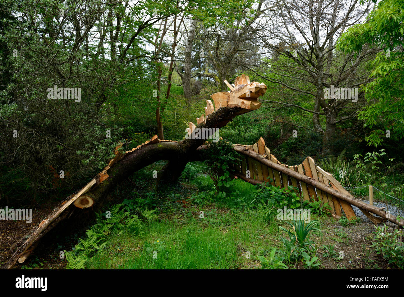 wooden wood dragon flying flight garden art sculpture fantasy playground Birr castle RM Floral Stock Photo
