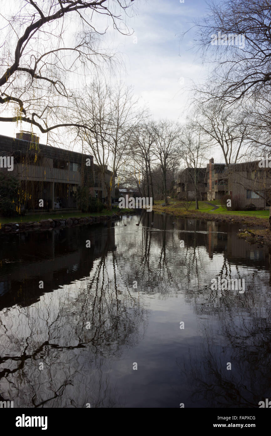 A winter reflection in Norwalk Connecticut, New England, USA Stock