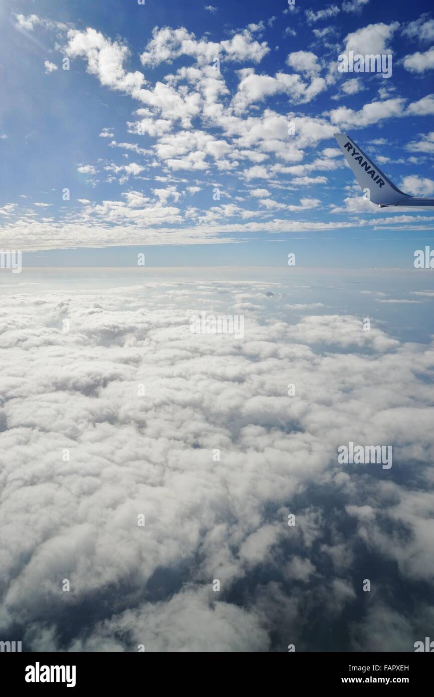 Airplane Ryanair Sky Skies Clouds Plane Wing Take-Off Landing Stock Photo