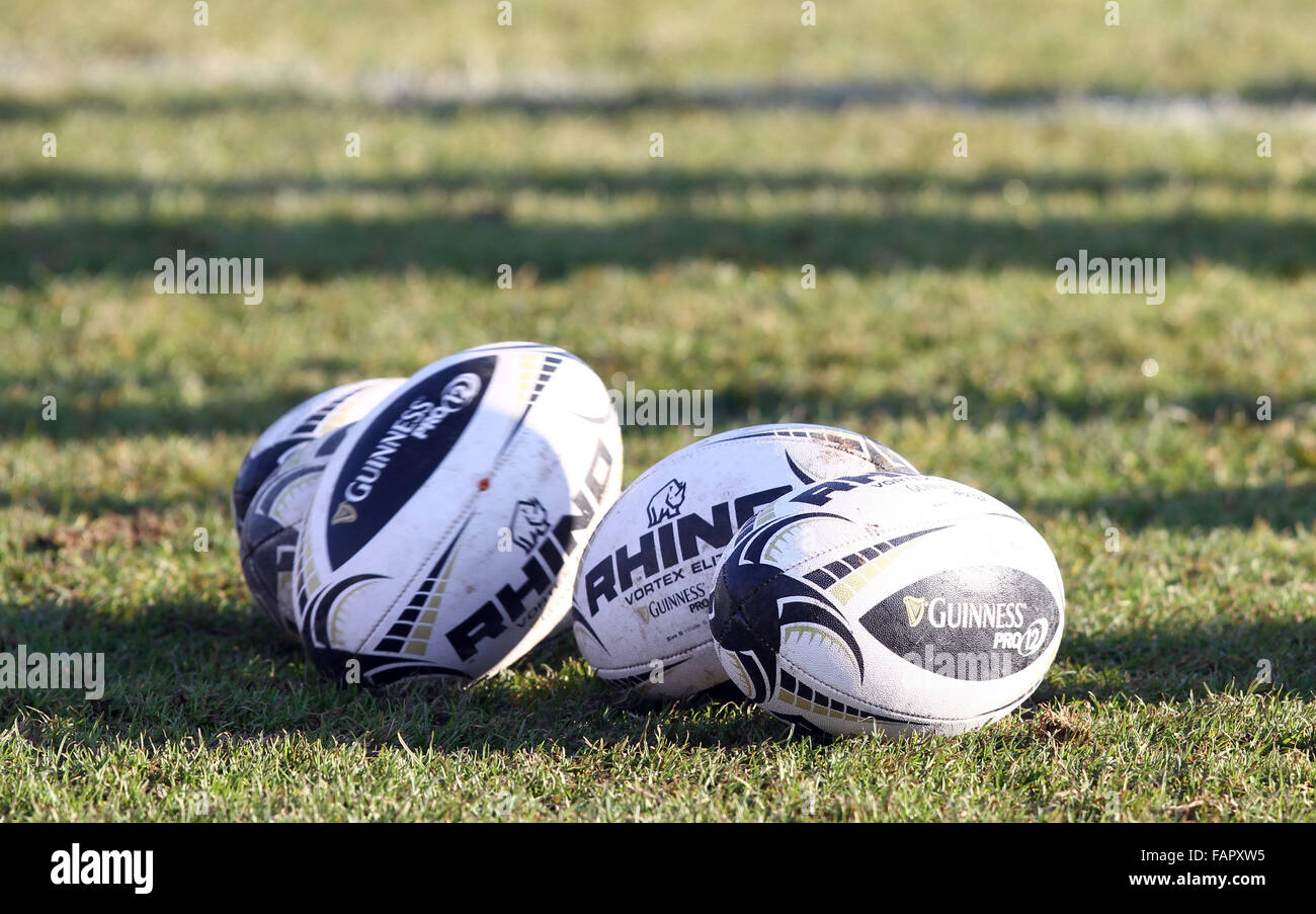 ITALY, Treviso: Rugby balls during Rugby Guinness Pro12 match  between Benetton Treviso and Zebre Rugby on 3rd January, 2016 in Treviso Stock Photo