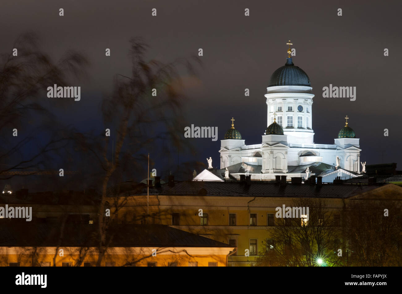 The Cathedral of Helsinki at night, Finland. Helsingin tuomiokirkko or Helsinki Cathedral was built by Carl Engel Lugvig under R Stock Photo