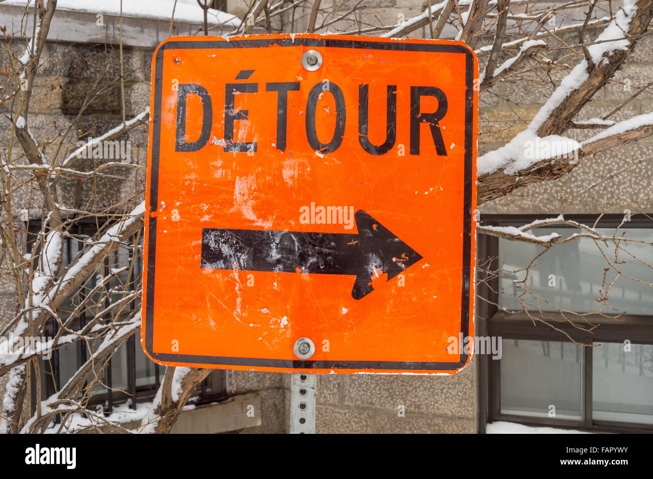 A detour road sign in Quebec, Canada Stock Photo