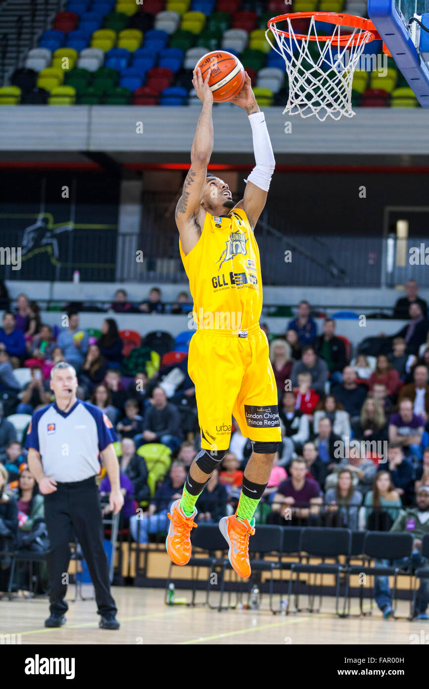 London, UK. 3rd January 2016. London Lions' Nick Lewis (11) outruns the Plymouth defense and dunks the ball during the London Lions vs. Plymouth Raiders BBL game at the Copper Box Arena in the Olympic Park. London Lions win 86-84 Credit:  Imageplotter/Alamy Live News Stock Photo