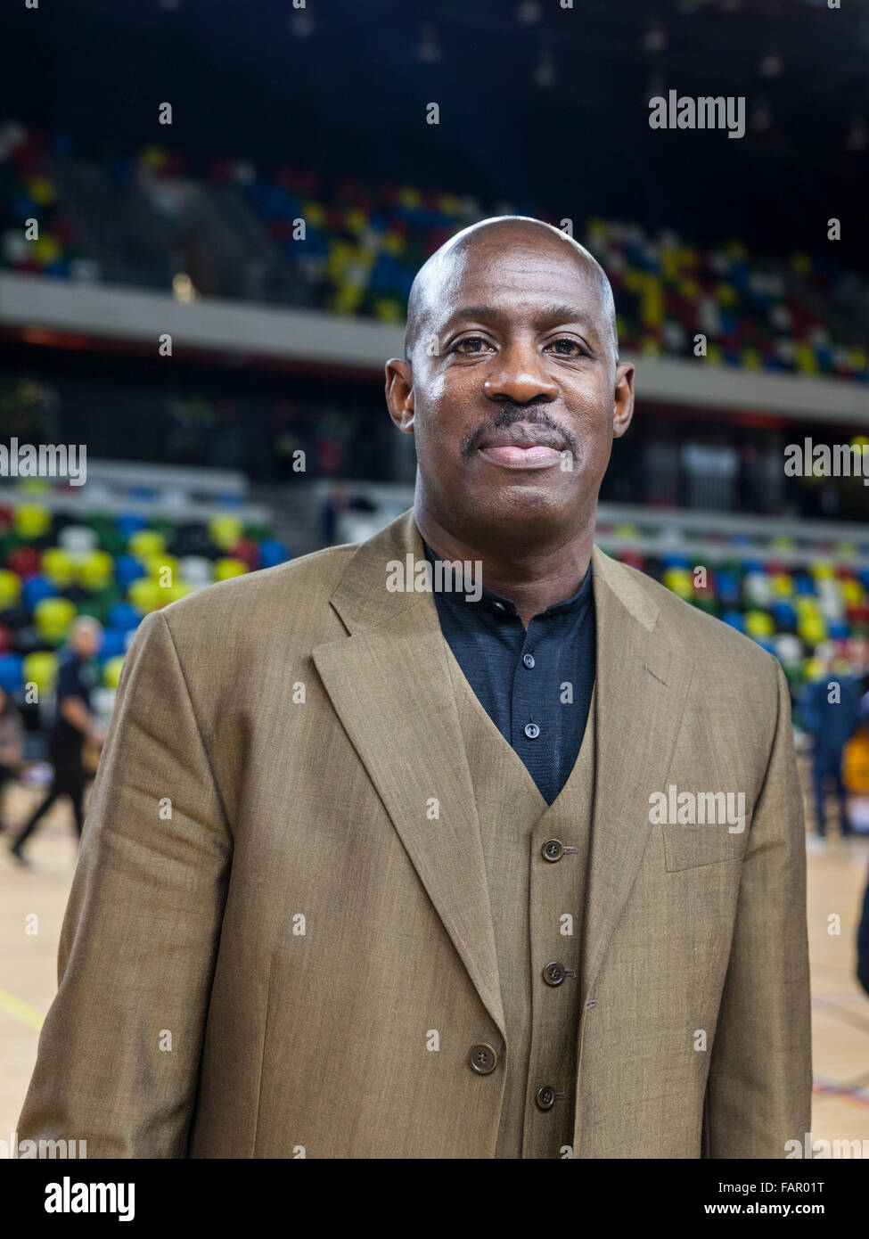 London, UK. 3rd January 2016. London Lions head coach Nigel Lloyd is happy about the win after the London Lions vs. Plymouth Raiders BBL game at the Copper Box Arena in the Olympic Park. London Lions win 86-84 Credit:  Imageplotter/Alamy Live News Stock Photo