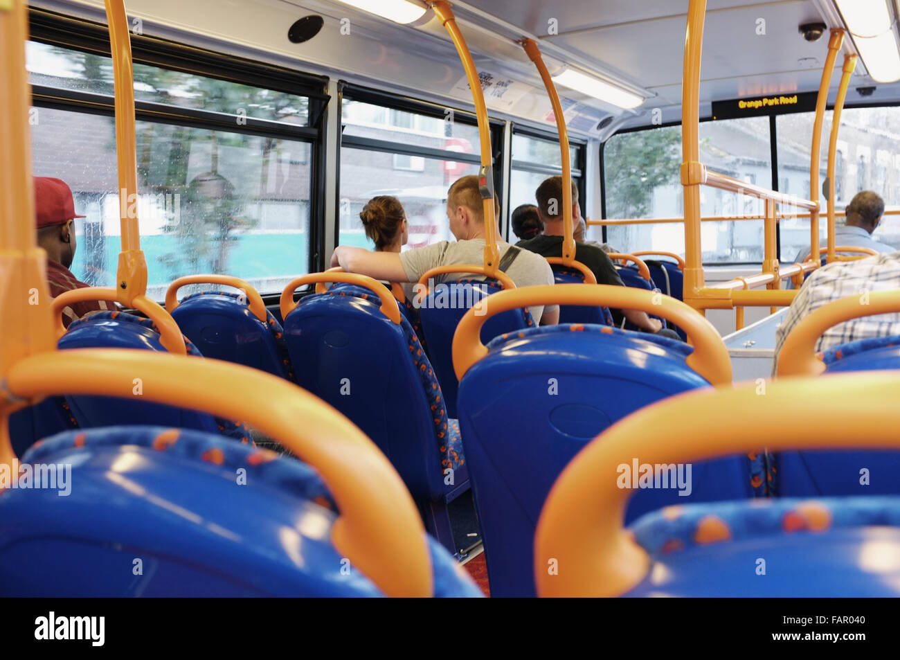 Interior of upper deck of double-decker London Stagecoach bus. Stock Photo