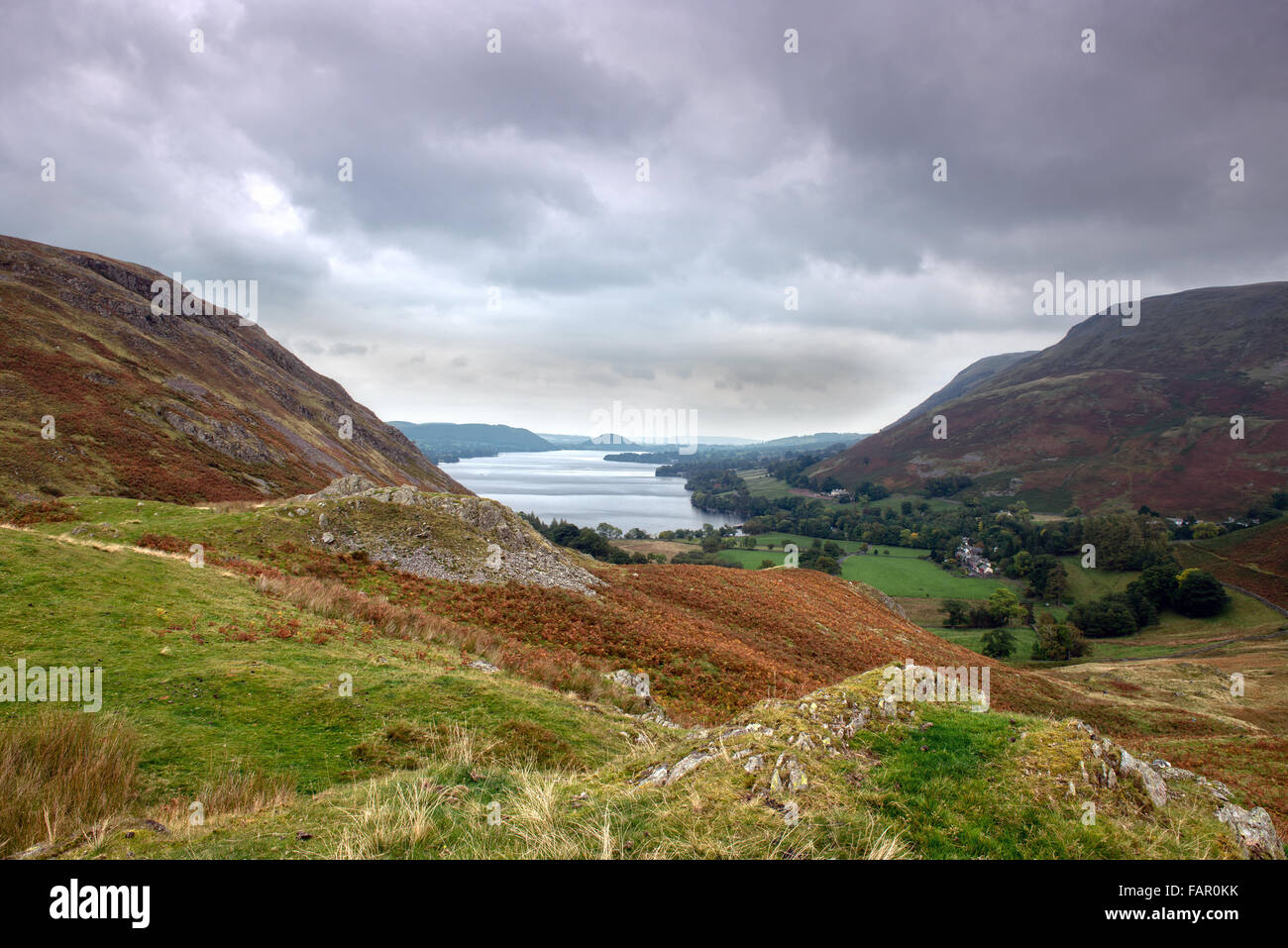 Elevated view of Ullswater from Martindale looking over Hallin Fell, Swarth Fell and Howtown. English Lake District, Cumbria, UK Stock Photo