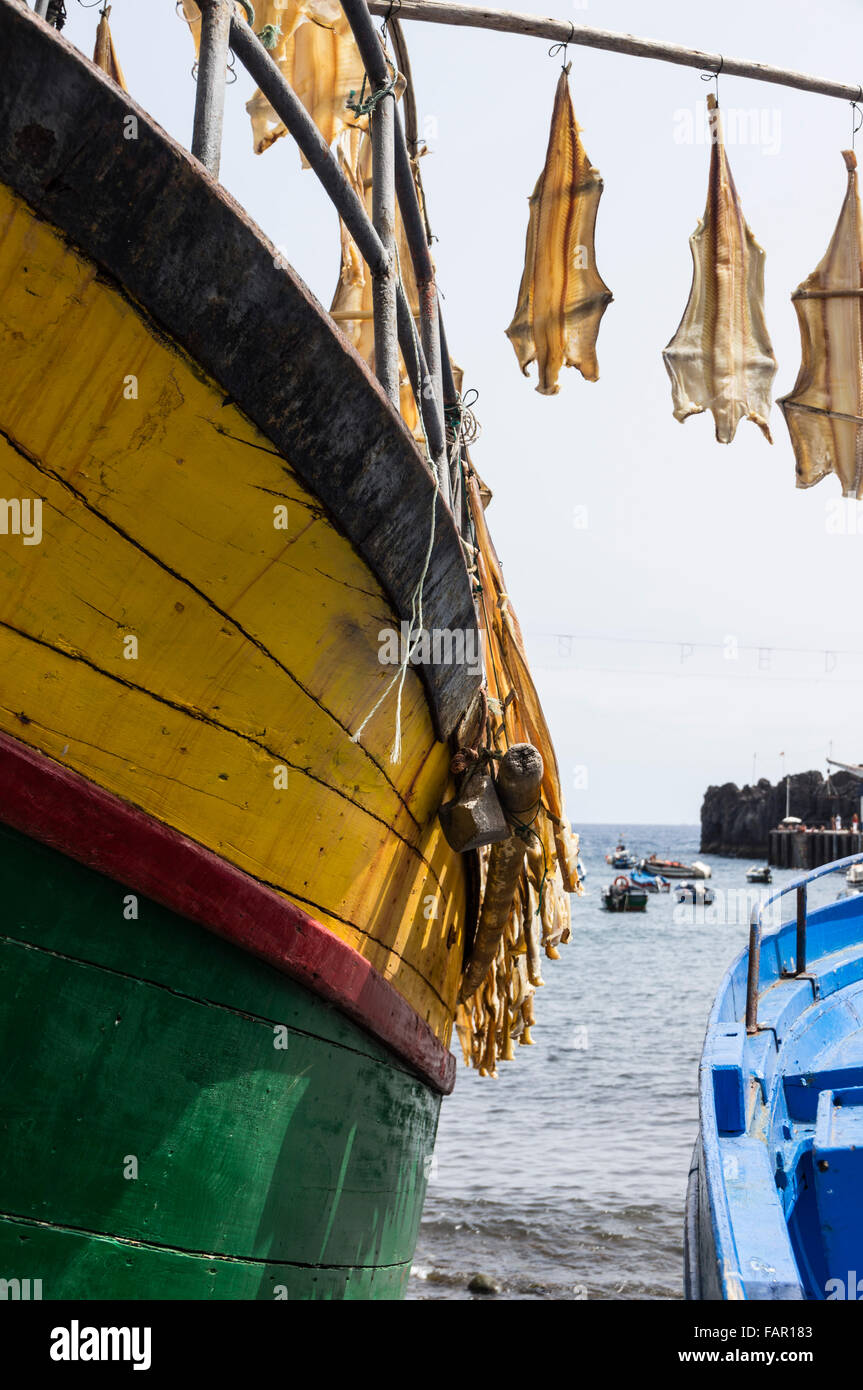 Madeira - capital city Funchal. Local 'gata' fish drying in the sun (Portuguese cat shark, or dogfish) at Camara de Lobos. Stock Photo