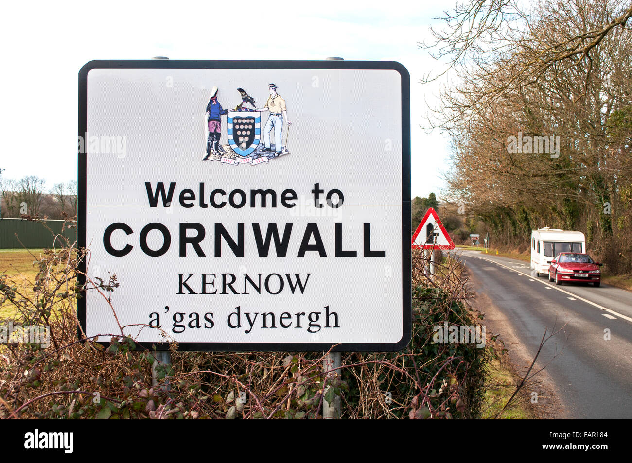 A to Cornwall sign on the county border written in English and