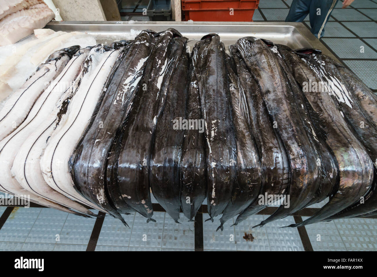 Madeira - capital city Funchal. Local Espada (Scabbard) fish for sale in the market. Stock Photo