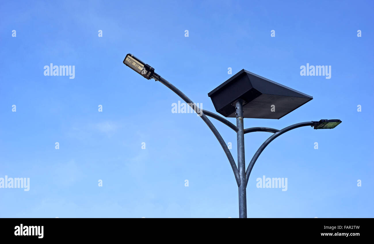 LED light post with solar cell panel with beautiful sky background Stock Photo