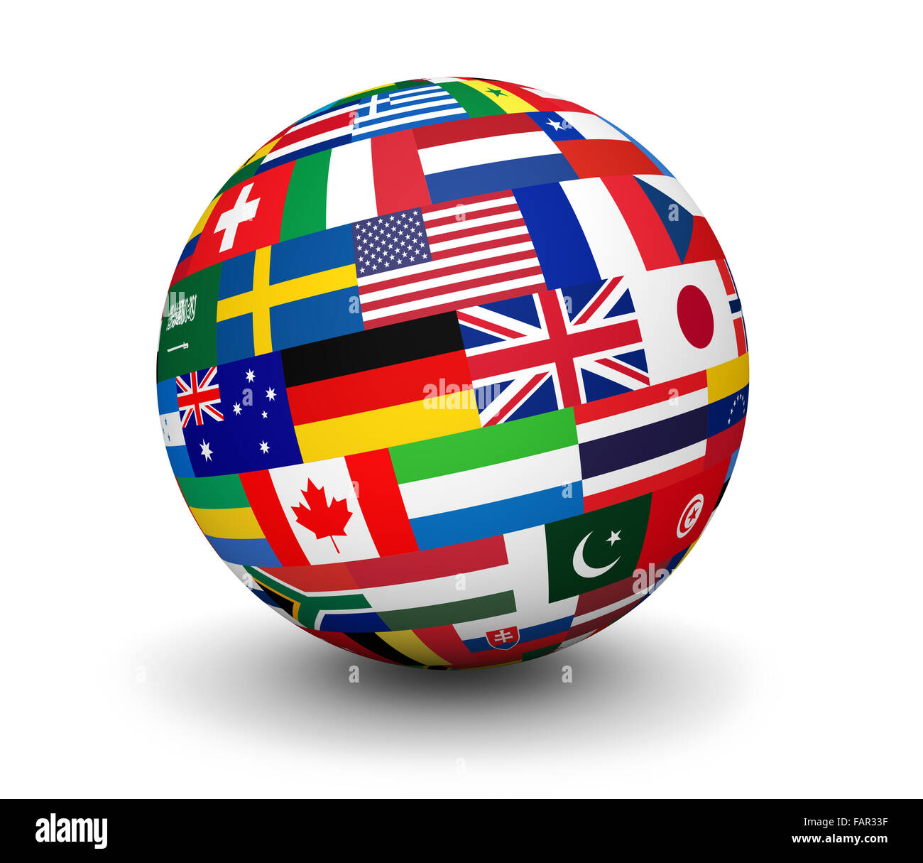 International business, travel services and global management concept with a globe and international flags of the world. Stock Photo