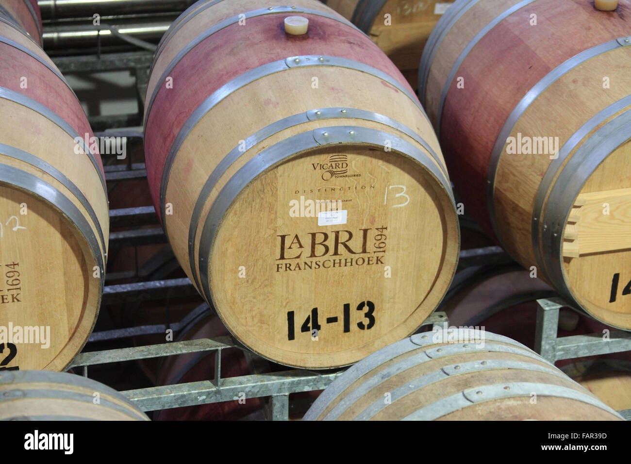 Wine barrels at La Bri estate at Franschhoek in the Western Cape of