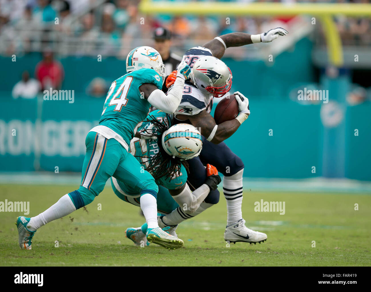 Miami Gardens, Florida, USA. 3rd Jan, 2016. Miami Dolphins cornerback Brice McCain (24) and Miami Dolphins middle linebacker Kelvin Sheppard (52) take down New England Patriots running back Steven Jackson (39) after a short gain at Sun Life Stadium in Miami Gardens, Florida on January 3, 2016. Credit:  Allen Eyestone/The Palm Beach Post/ZUMA Wire/Alamy Live News Stock Photo