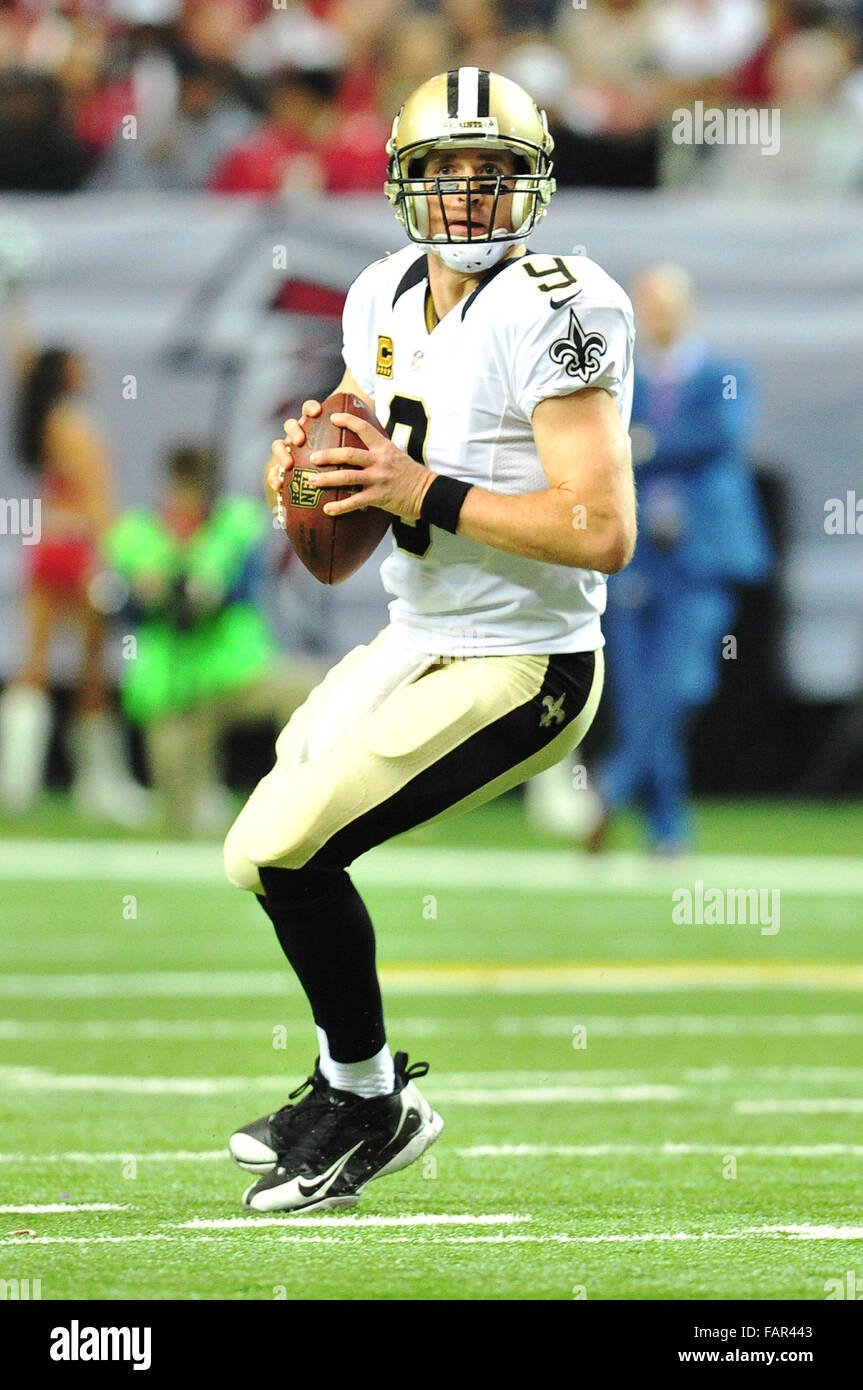 Atlanta Georgia. 3rd Jan, 2016. New Orleans Saints QB Brees, Drew (#9) in action during NFL game between New Orleans Saints and Atlanta Falcons in the Georgia Dome in Atlanta Georgia. The New Orleans Saints won the game 20-17. Bill McGuire/CSM/Alamy Live News Stock Photo
