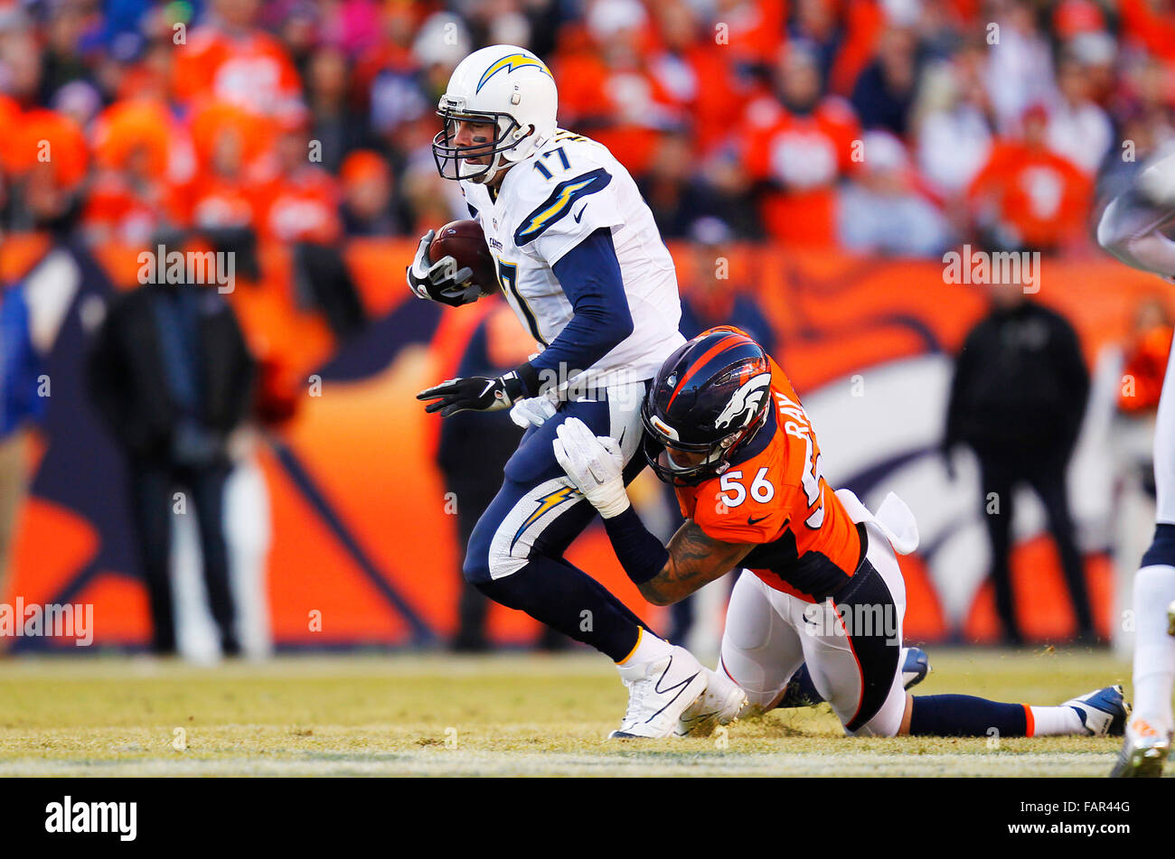 Denver, CO, USA. 3rd Jan, 2016. Chargers Philip Rivers runs the ball and is tackled by Broncos Shane Ray. Credit:  K.C. Alfred/U-T San Diego/ZUMA Wire/Alamy Live News Stock Photo