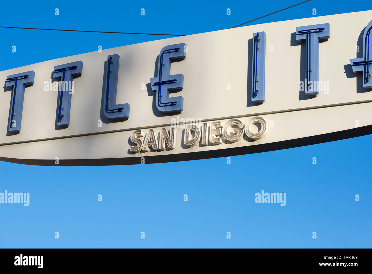 Little Italy sign, marquee. Downtown San Diego, California, USA Stock