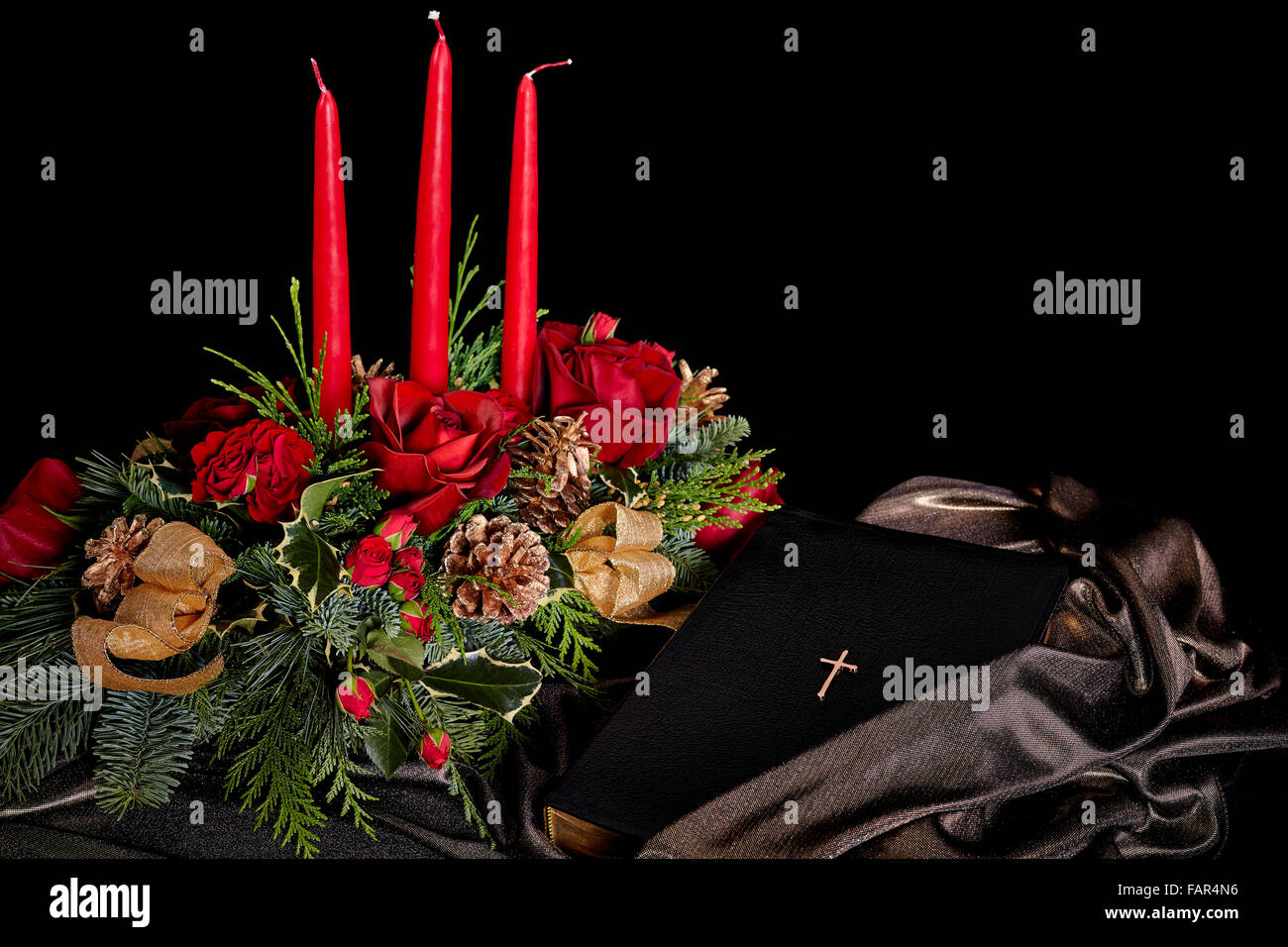Decorative Flower Arrangement With Roses Red Candles Gold Pine