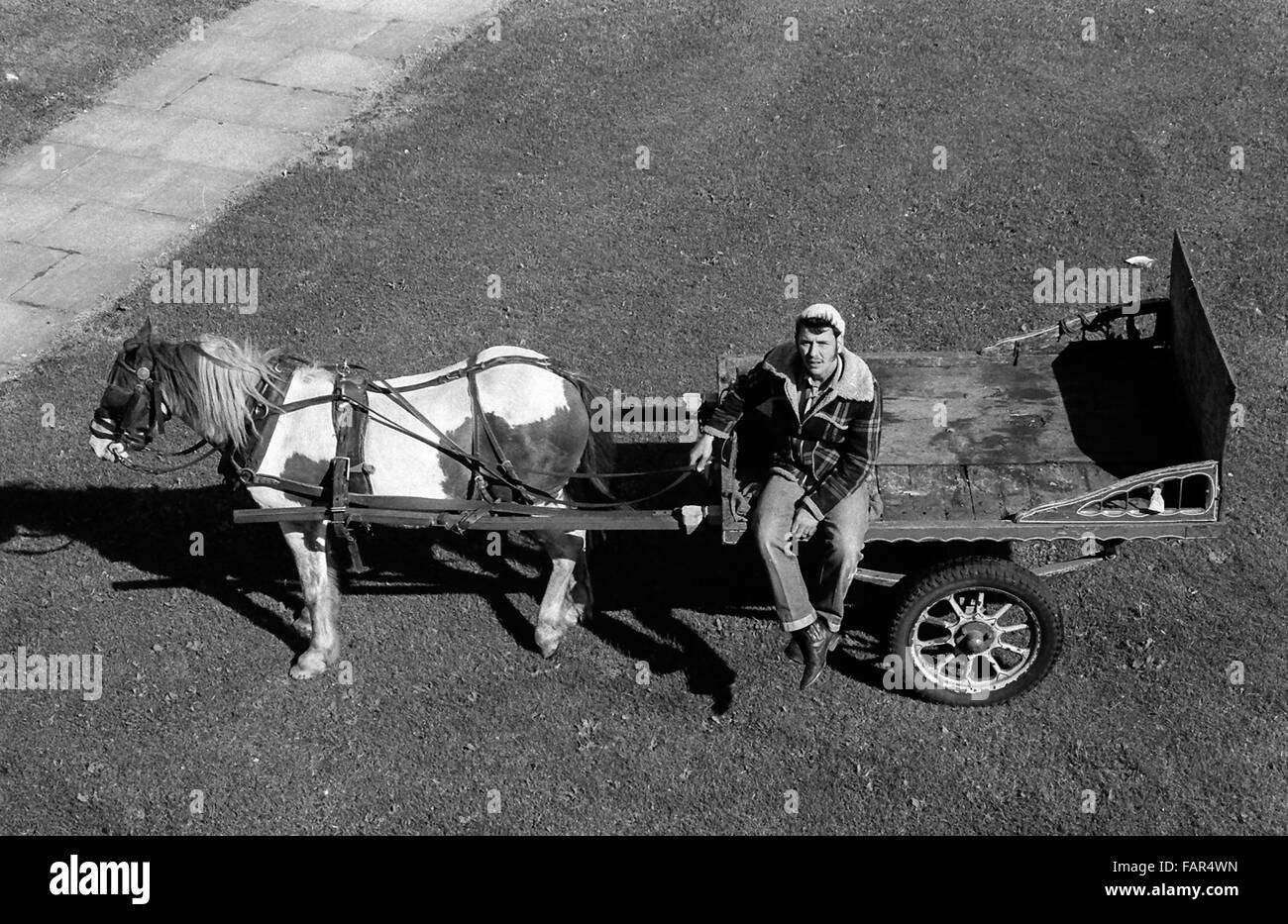 Buttershaw Estate, Bradford, West Yorkshire, UK. A sprawling local authority 1950's council housing scheme. Black and white images from 1982 portray the gritty surroundings of a typical northern England working class sink estate. Rag and bone man on horse and cart looking up to camera. Stock Photo