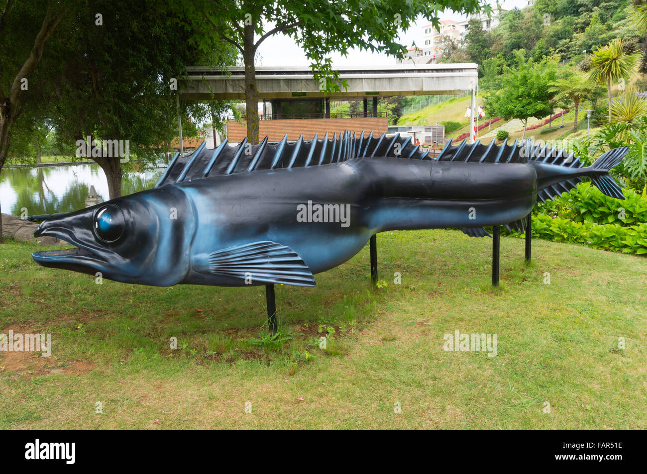 Madeira - Parque Tematico Santana, education visitor attraction. Espada fish sculpture. Stock Photo