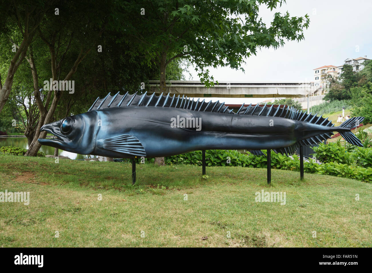 Madeira - Parque Tematico Santana, education visitor attraction. Espada fish sculpture. Stock Photo