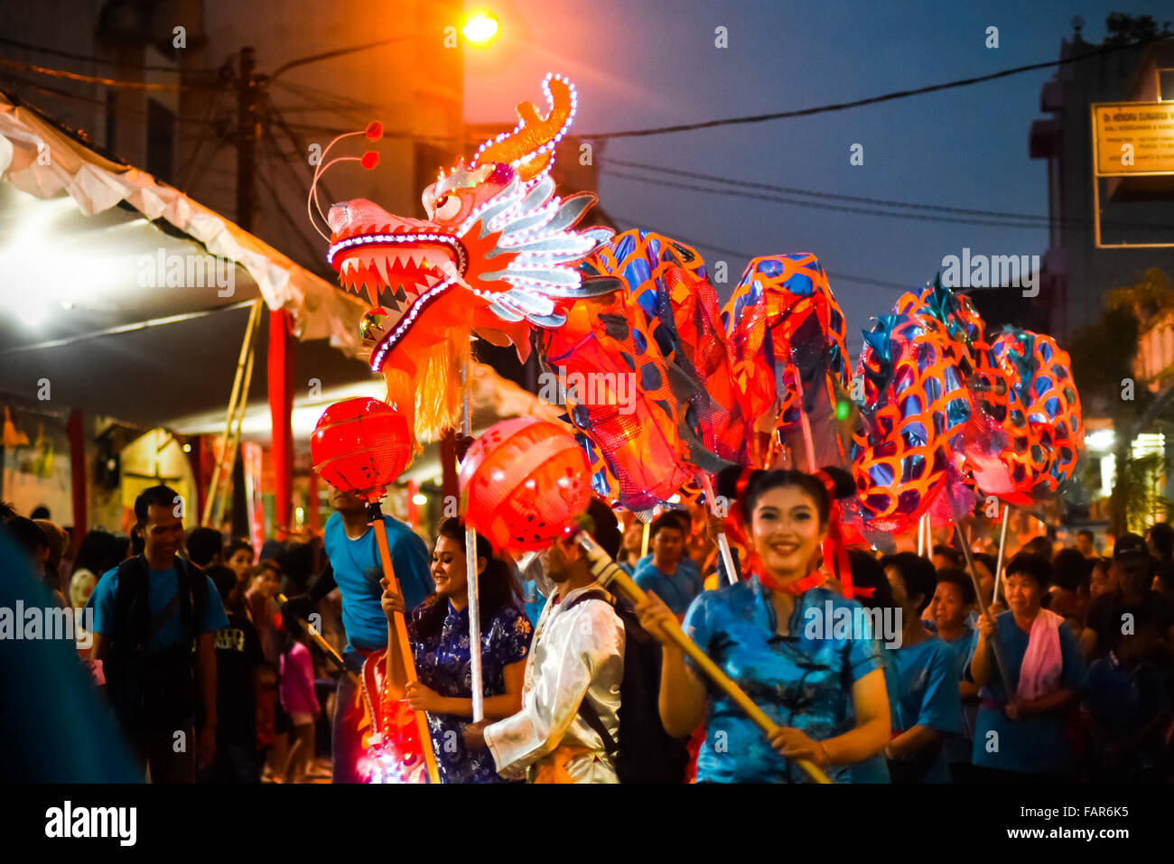 Dragon lantern parade during the 2015 Bandung Lantern Festival Cultural Parade in Bandung City, Indonesia. Stock Photo