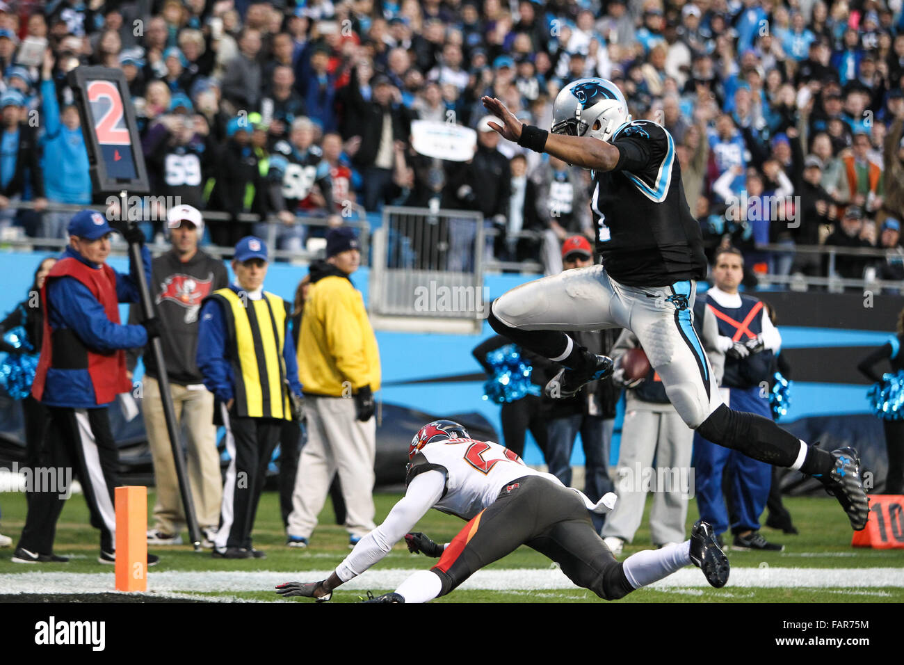 Carolina Panthers quarterback Cam Newton (1) runs on the field after the NFC  Championship football game against the Arizona Cardinals at Bank of America  Stadium. The Panthers won 49-15. Jason Ge …