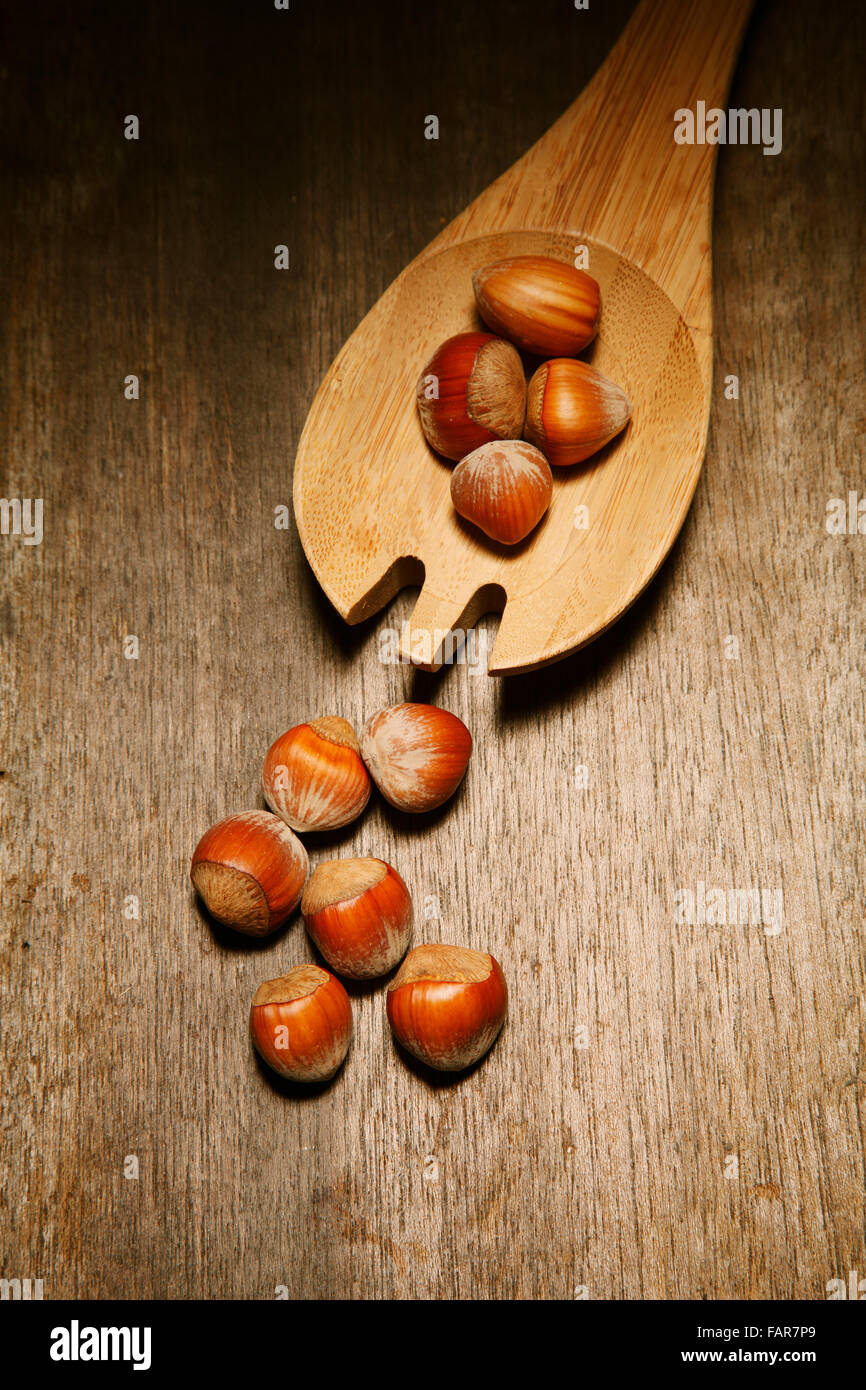 Hazelnuts on a table along with a cooking utensil. Stock Photo