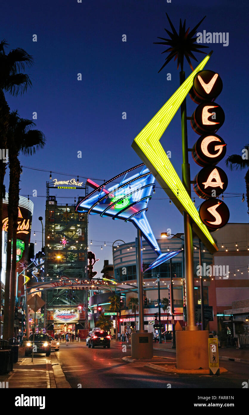 Fremont Street Experience, Las Vegas, at night with retro neon signs. Stock Photo