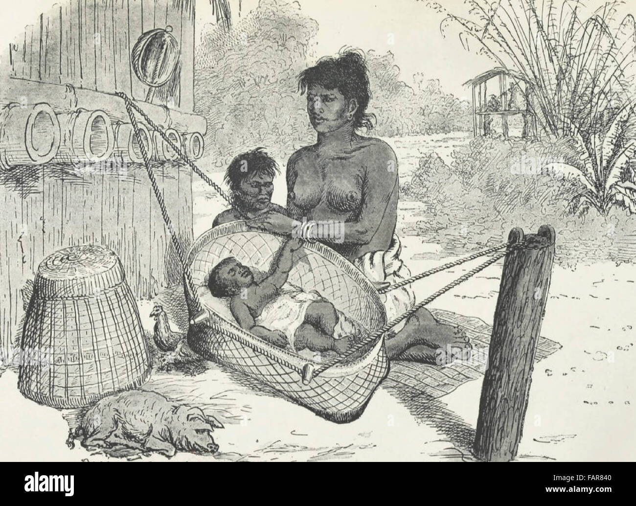 Young Kouy woman rocking chair with child in Cambodia, circa 1880 Stock Photo