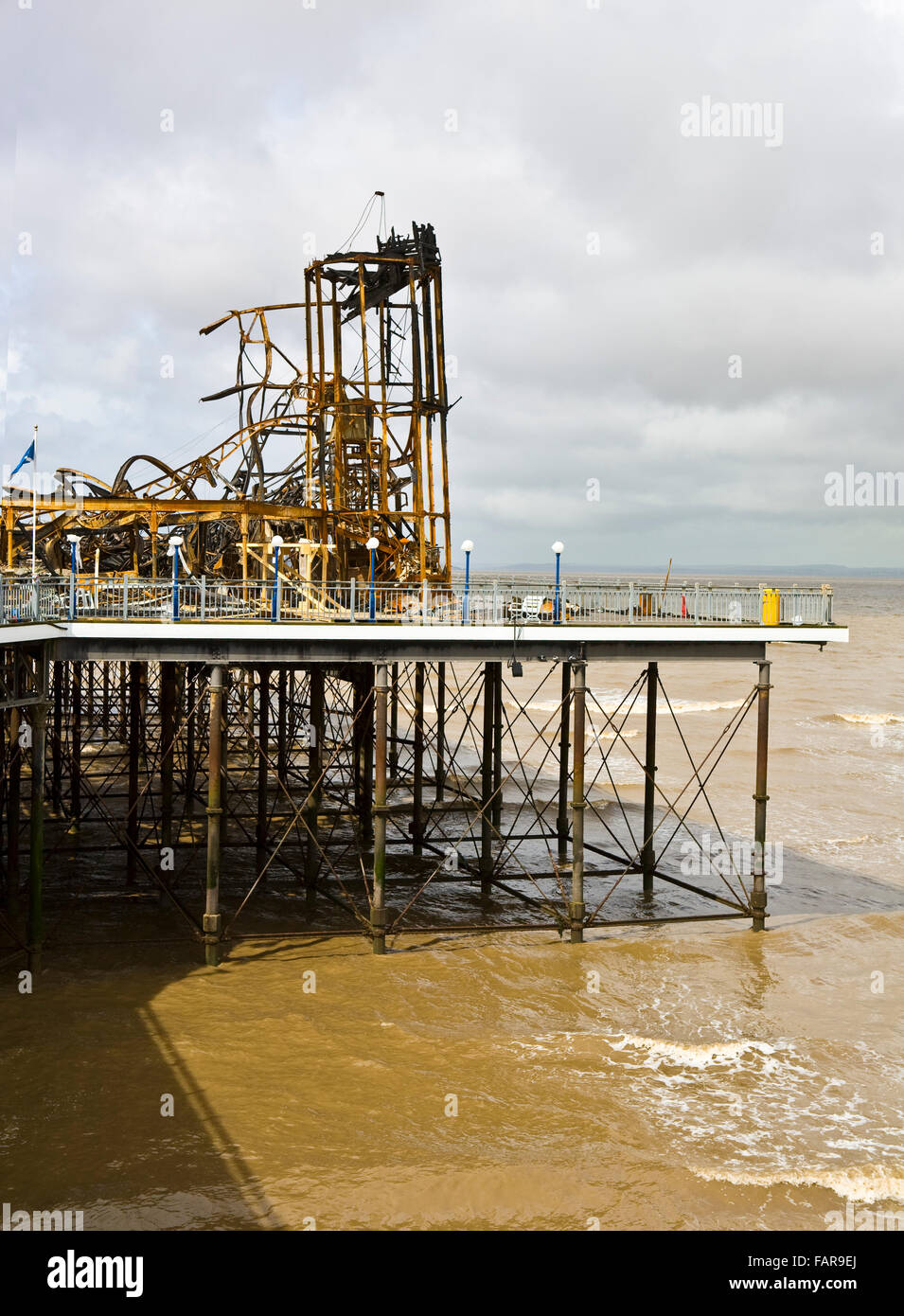 Weston-Super-Mare Grand Pier showing fire damage and the  tower where fire started Stock Photo