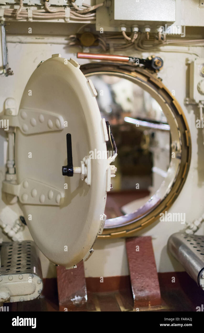 Inside of submarine. Round bulkhead door. Stock Photo