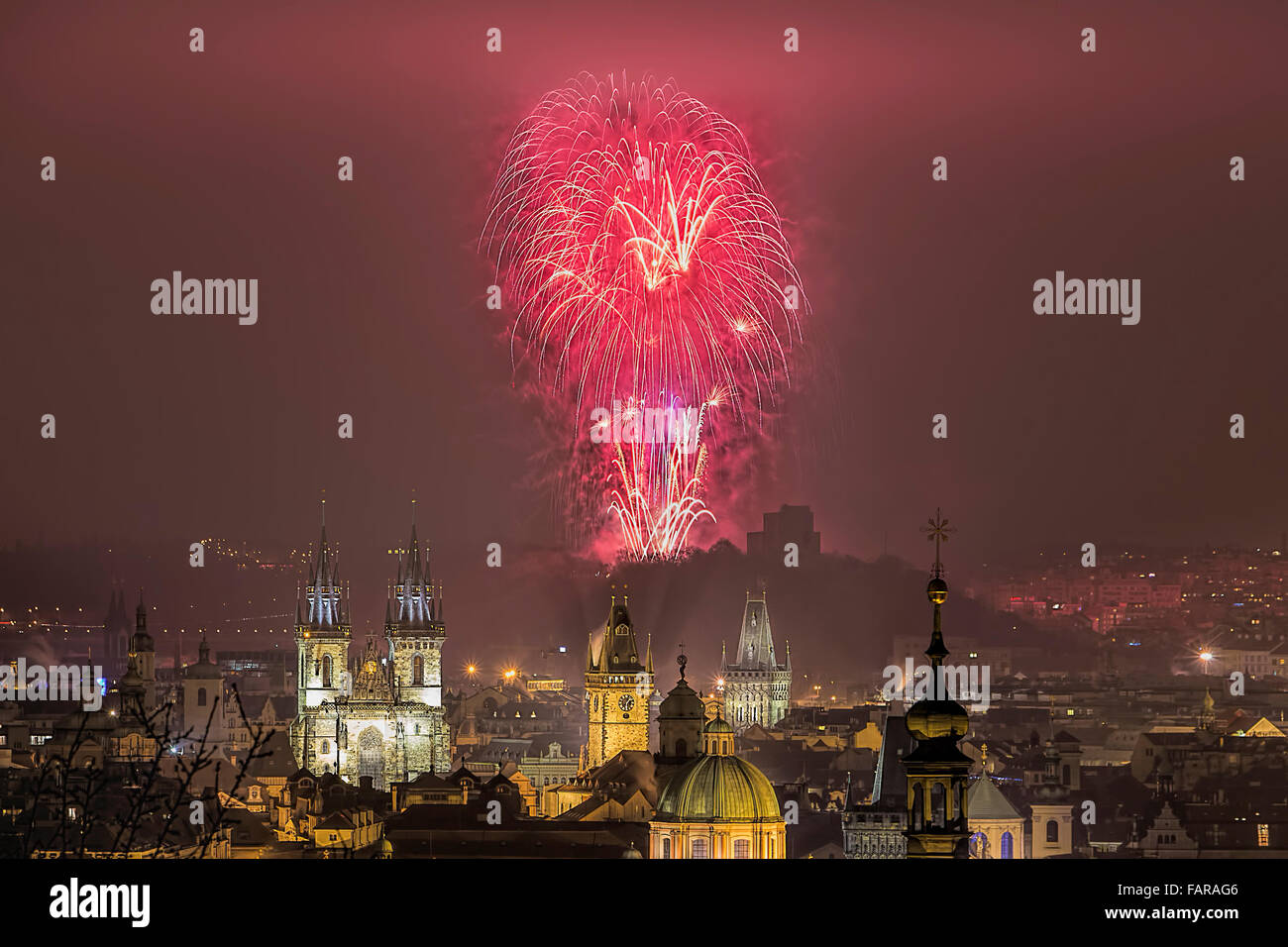 Prague new year 2016 fireworks over Prague Old Town panorama. Stock Photo