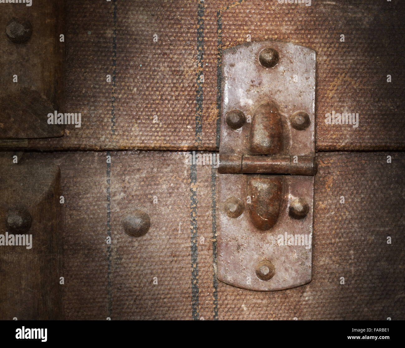 Old canvas trunk hinge close up, vintage Stock Photo