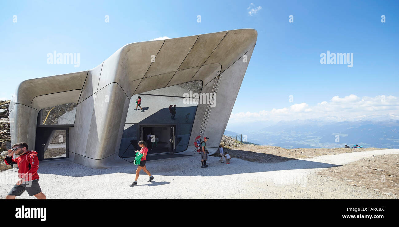 Visitors and museum entrance. Messner Mountain Museum Corones, Mount Kronplatz, Italy. Architect ...