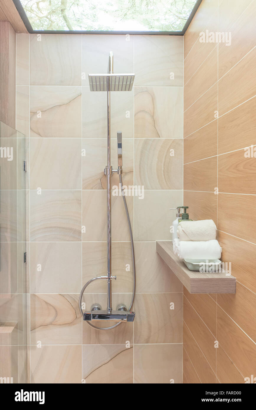 Modern shower head in bathroom Stock Photo Alamy