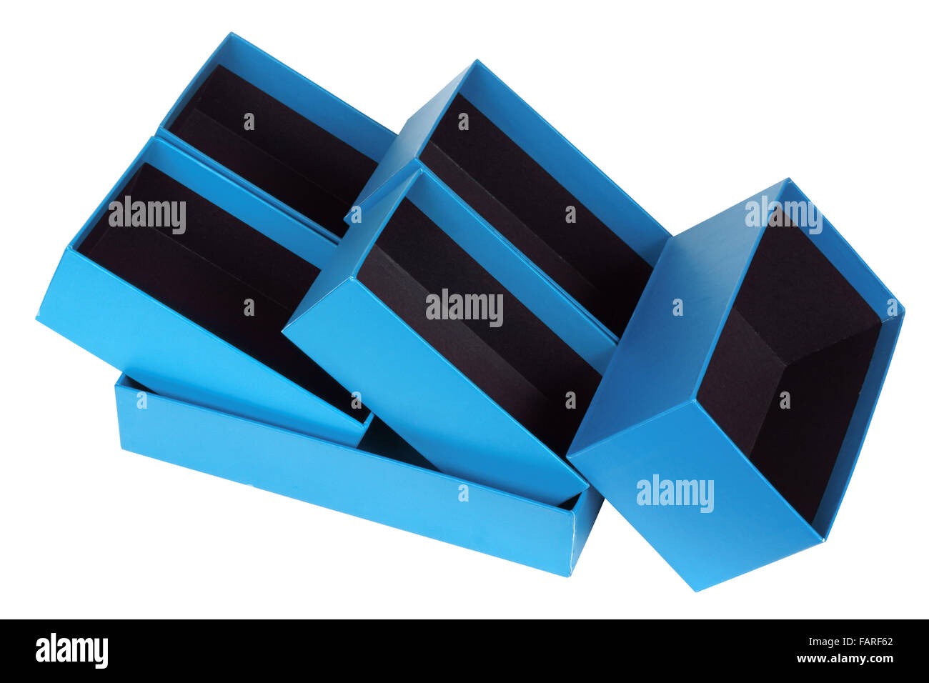 Packing gift cardboard boxes of alternative gentle blue color composition. With a black velvet inside. Isolated on white Stock Photo