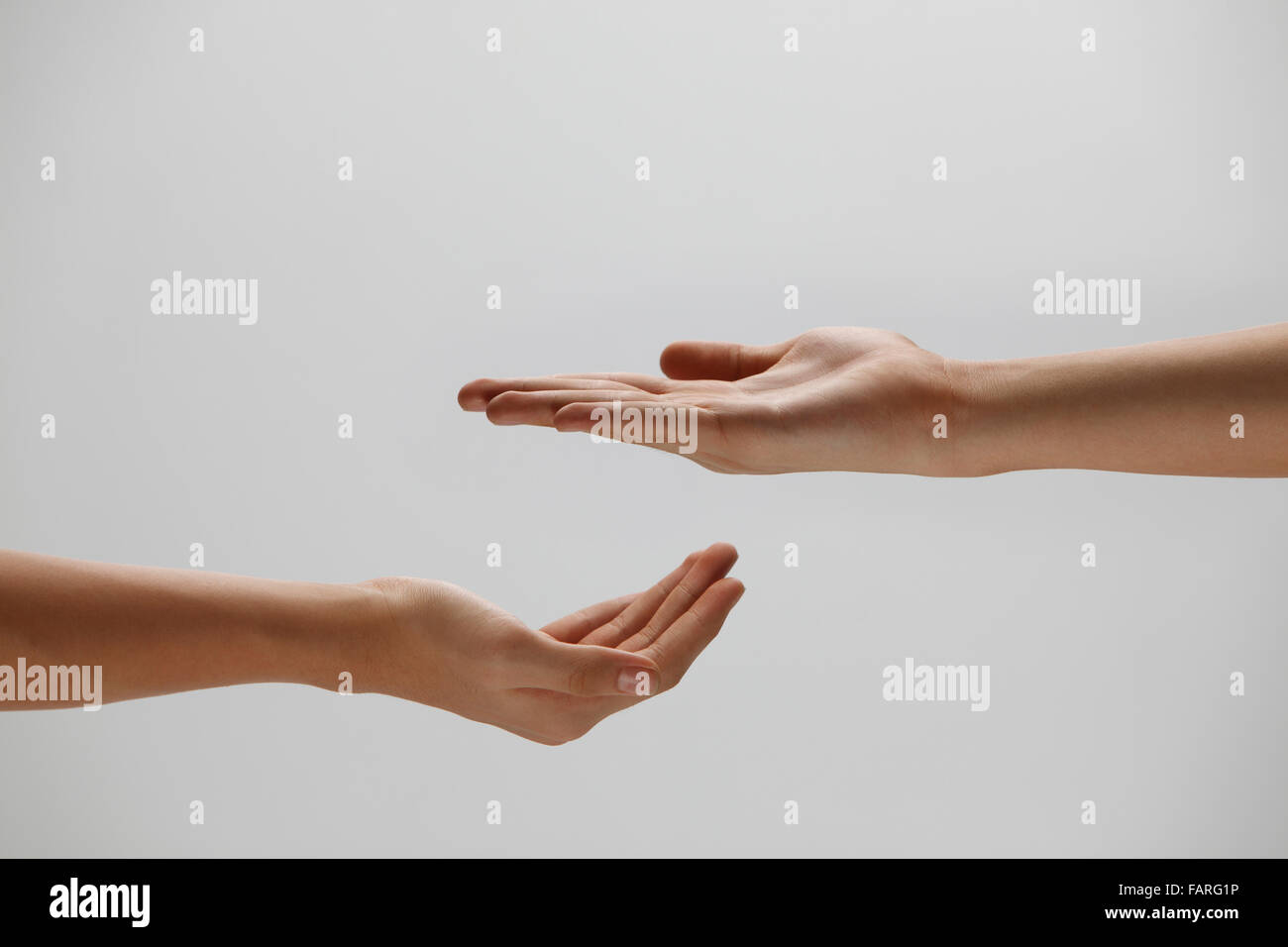 Open palm hand gesture of male hand isolated against grey background. Stock Photo
