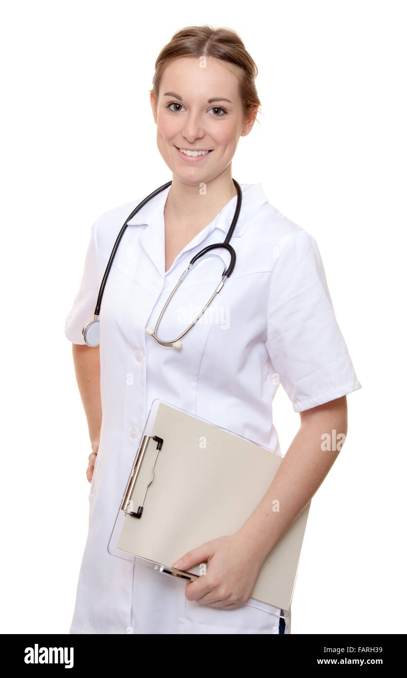 Attractive nurse holding clinical record. All on white background. Stock Photo