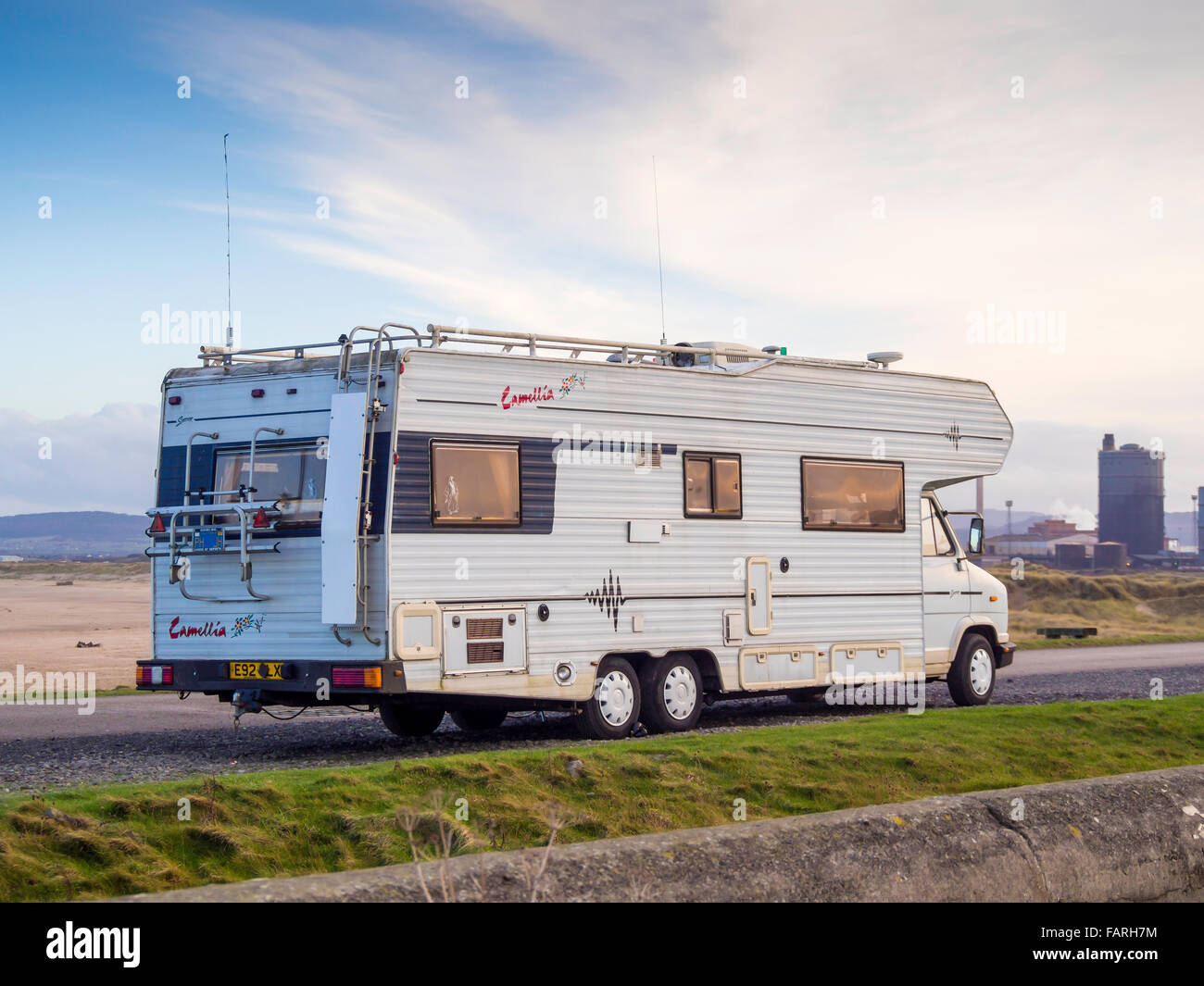 A large 1987 motor caravan  parked at the seaside at Teessmouth Cleveland North Yorkshire UK Stock Photo