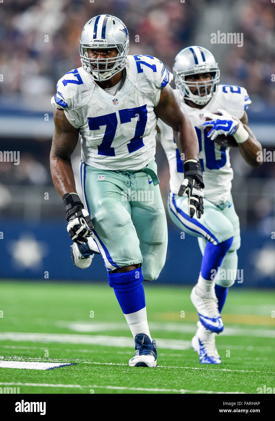 January 3rd, 2016:.Dallas Cowboys tackle Tyron Smith (77) blocks downfield  during an NFL football game