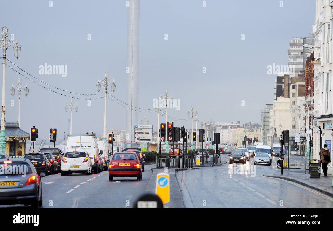 Brighton Sussex UK 4th January 2016  - Roadworks lasting 2 years is due to start today on Brighton seafront at the junction of West Street . The work will also involve the restoration of the seafront shelter hall Photograph taken by Simon Dack Stock Photo